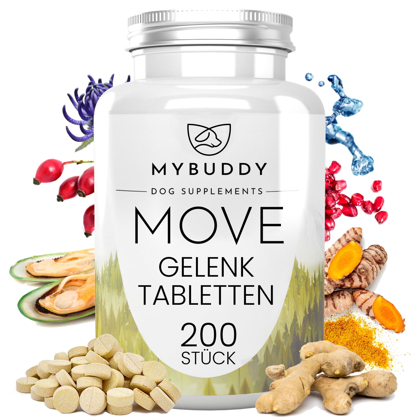 Ein Bild einer Dose mit MYBUDDY MOVE Gelenktabletten für Hunde. Die Verpackung zeigt bildliche Informationen zu den Inhaltsstoffen wie Grünlippmuschelpulver, darunter Knochen und Gelenk unterstützende Elemente für Hunde. Die Tabletten bieten eine Unterstützende Wirkung für Gelenke und Knochen von Hunden in verschiedenen Situationen.
