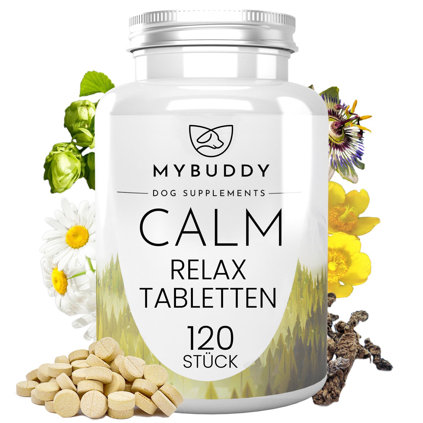 Ein Bild einer Dose mit MYBUDDY CALM Beruhigungstabletten für Hunde. Die Verpackung zeigt bildliche Informationen zu den Inhaltsstoffen wie Baldrian, darunter beruhigende Elemente für Haustiere. Die Tabletten sind sorgfältig in der Dose angeordnet und bieten eine Unterstützung von Entspannung von Hunden in verschiedenen Situationen.