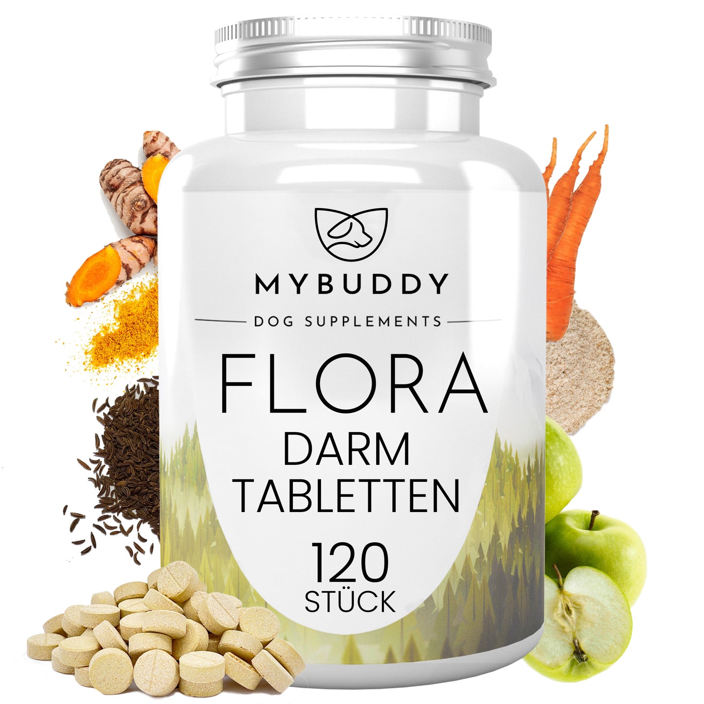 Ein Bild einer Dose mit MYBUDDY FLORA Verdauungstabletten für Hunde. Die Verpackung zeigt anschauliche Informationen zu den Inhaltsstoffen, darunter Elemente zur Förderung einer gesunden Verdauung wie Flohsamenschalen, Kurkuma, Kümmel und vielen mehr. Die Tabletten bieten eine unterstützende Wirkung für die Verdauung von Hunden in verschiedenen Situationen.