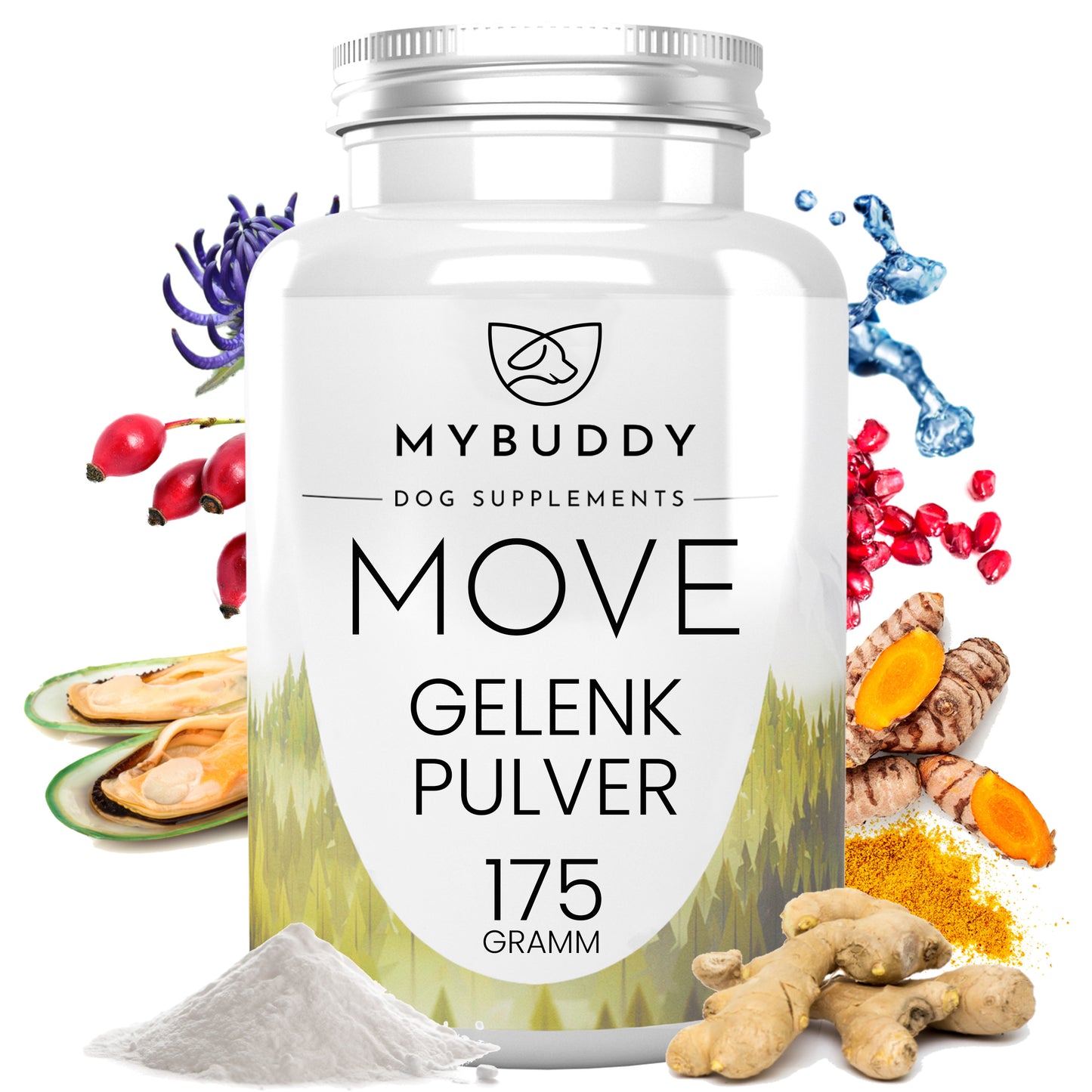 Ein Bild einer Dose mit MYBUDDY MOVE Gelenkpulver für Hunde. Die Verpackung zeigt bildliche Informationen zu den Inhaltsstoffen wie Grünlippmuschelpulver, darunter Knochen und Gelenk unterstützende Elemente für Hunde. Das Pulver bieten eine Unterstützende Wirkung für Gelenke und Knochen von Hunden in verschiedenen Situationen.