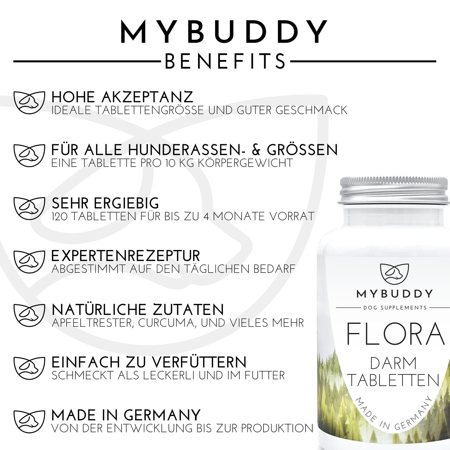 Ein Bild mit einer Übersicht der Benefits der MYBUDDY FLORA Verdauungstabletten für Hunde